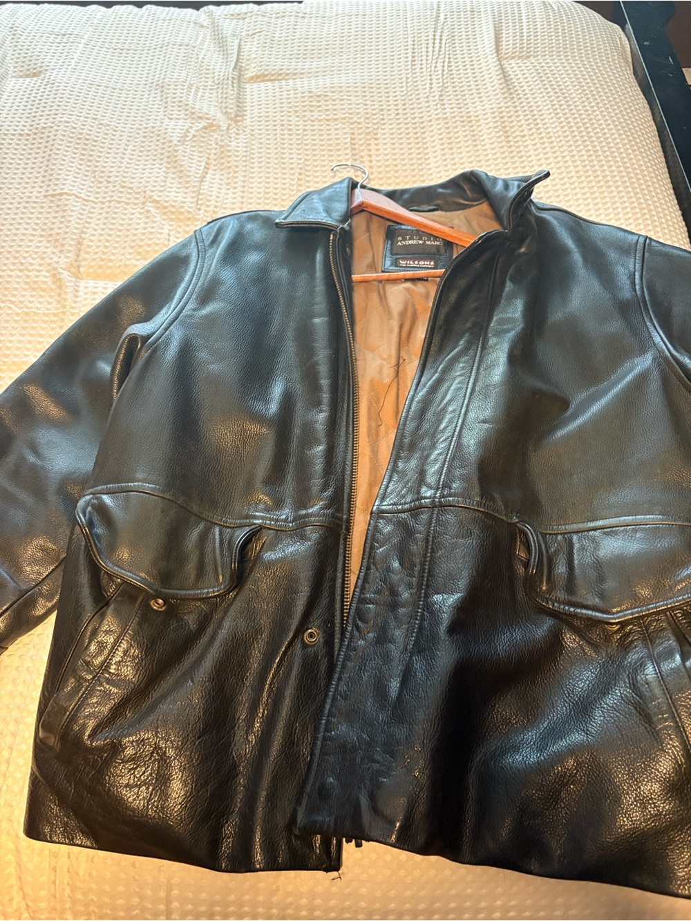 Wilsons Leather Black Bomber Jacket with Flap Pockets